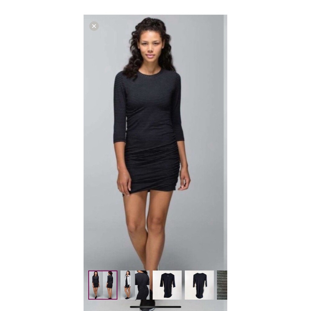 Lululemon Anytime Dress Womens Size 6 Gray Black‎ Classic Striped Ruched Sides